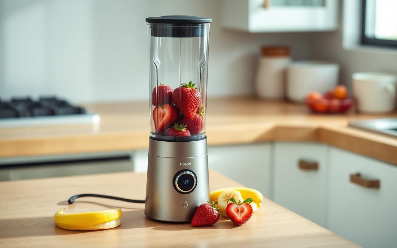 Portable USB blender with strawberries and bananas on a wooden counter