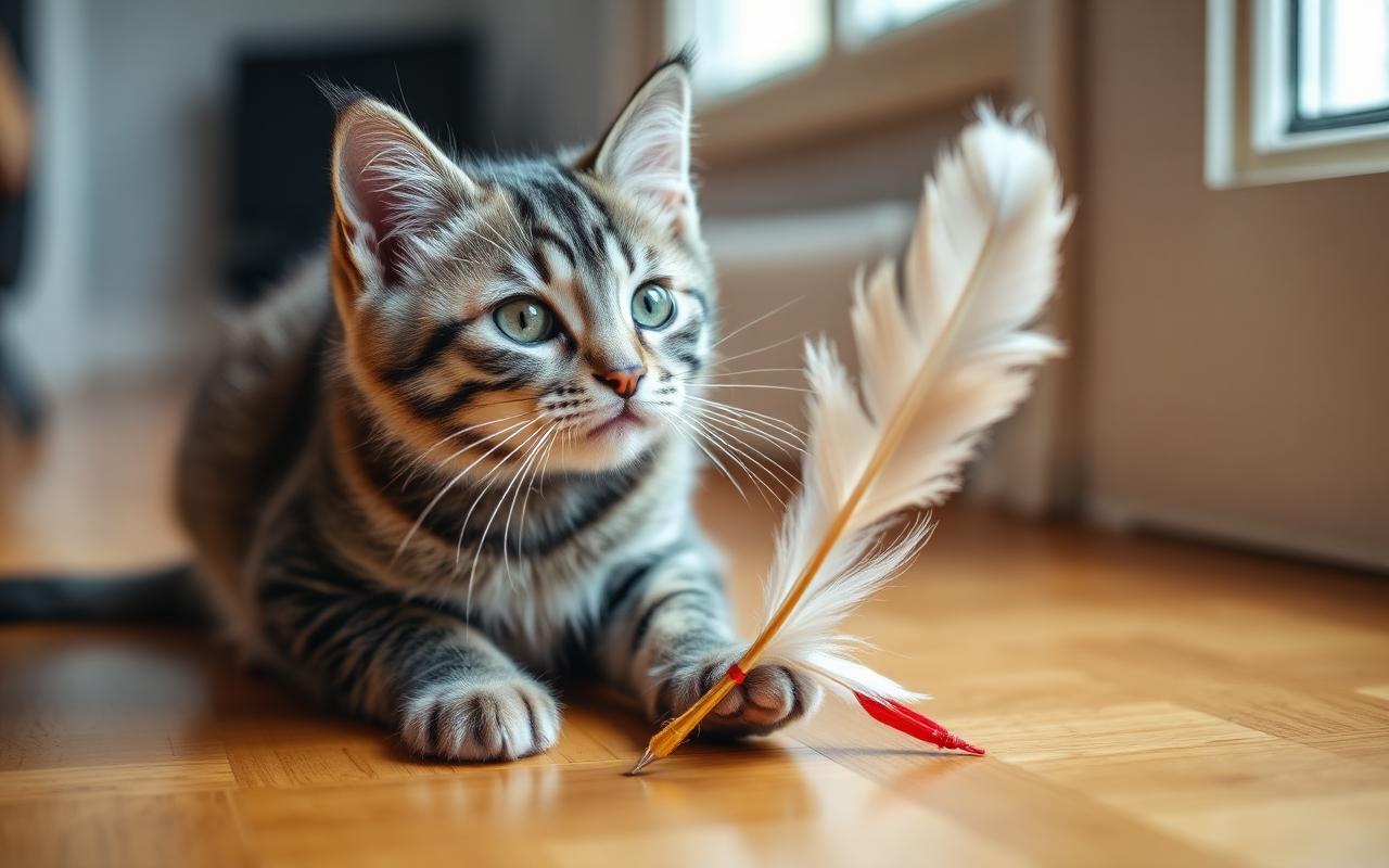 Tabby cat playing with an interactive feather wand toy