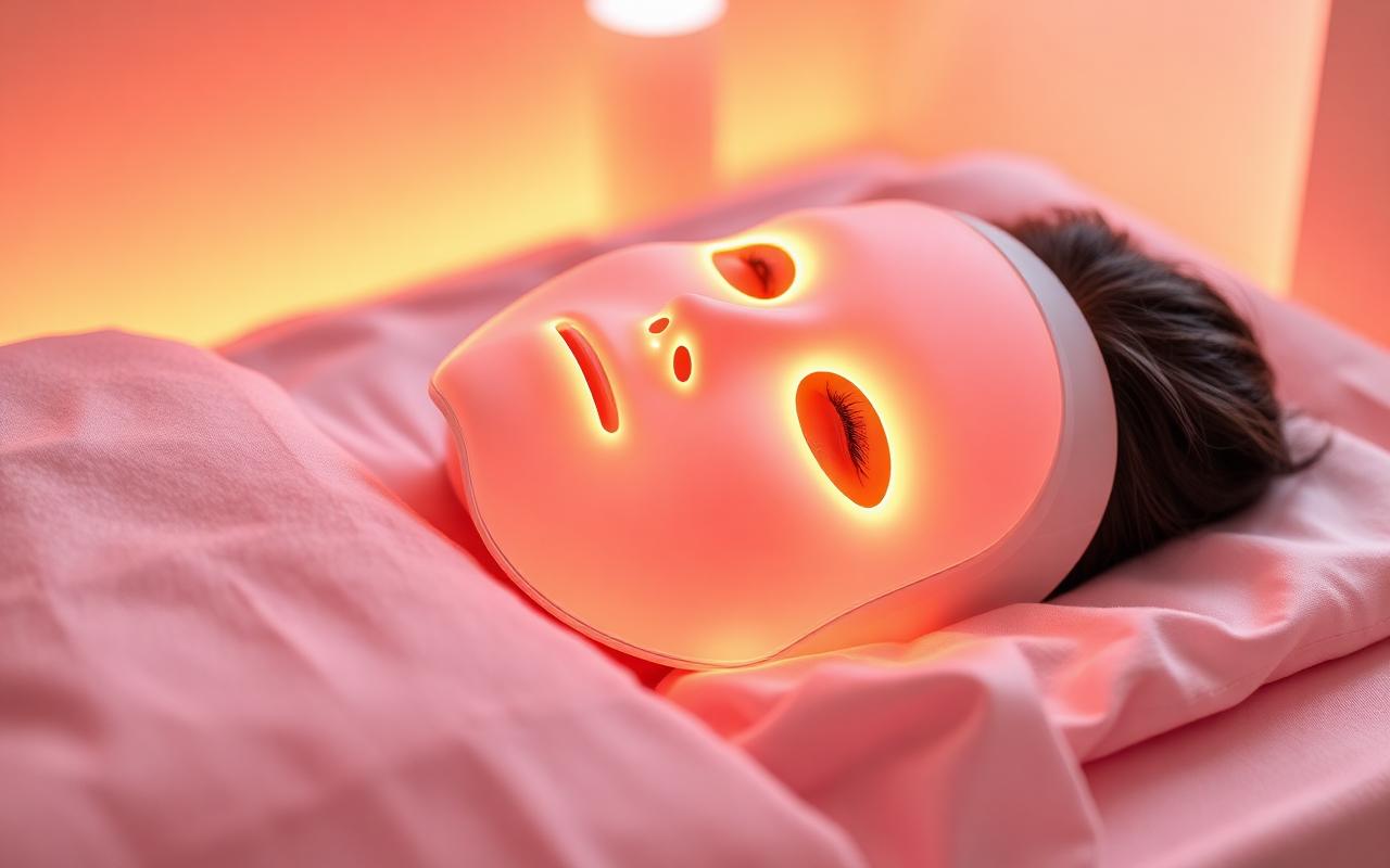 Glowing LED light therapy face mask on a soft pink pillow